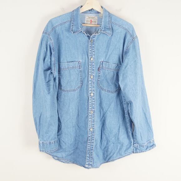 Levis Red Tab Denim Long Sleeve Blue Button Up Shirt Mens Sz L - Picture 1 of 10